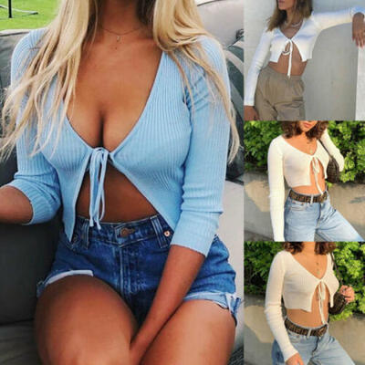 

Womens Open Sheer Crop Top Long Sleeve Bandage Short T-Shirt Blouse Tee Tops