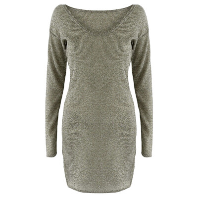 

V Neck Long Sleeve Knit Solid Color Women Dress