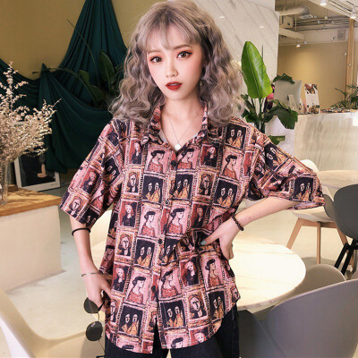 

Vintage Blouse Women Fashion Character Printed Blouses Streetwear Short Sleeve Turn Down Collar Shirt Women Casual Loose Tops