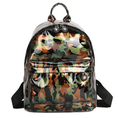 

Camo Print Travel Backpacks Women School Bags Bright PU Leather Knapsack