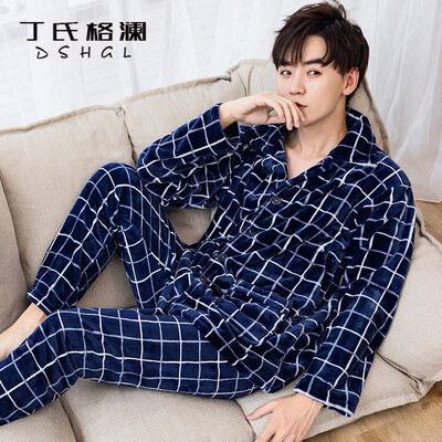 

Dings grate pajamas men&women Korean version of autumn&winter models couples flannel thickening plus velvet long-sleeved men&women warm home service suit J4889 rich blue L
