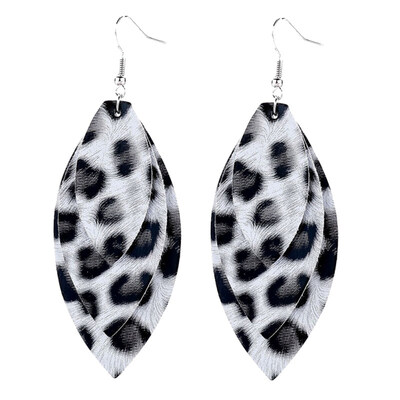 

Women Leopard Triple Layer Leaf Shape Faux Leather Long Dangle Hook Earrings