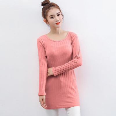 

Women T-shirt Comfortable Stretch Cotton Blends Ribbed Round Neck Long Sleeve Slim Casual Basic Tops