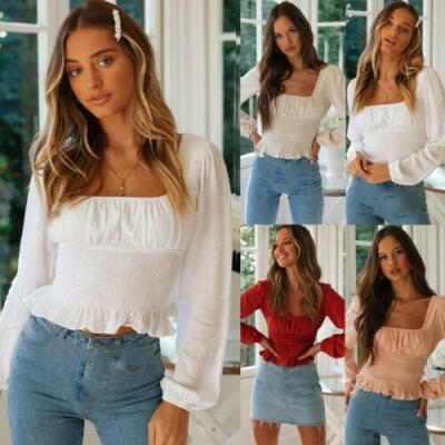 

Sexy Women Crop Tops Slim Fit Long Sleeve Crew Neck Ruffle Casual T-Shirt Blouse