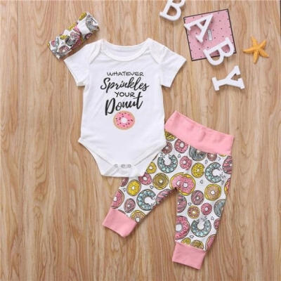 

3Pcs Newborn Infant Baby Girls Clothes Romper Playsuit Donuts Pants Outfits Set