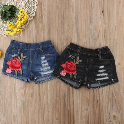 

Embroidery Flowers Kids Baby Girls Short Pants Denim Ripped Jeans Shorts