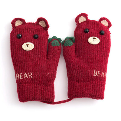 

Winter Child Cold Protection Gloves Cute Bear Caricature Halter Knitting Warm Mittens Print Baby Gloves 3-5 Years red