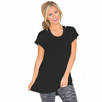 

Solid color round neck short sleeve back hollow chic casual bottoming shirt top