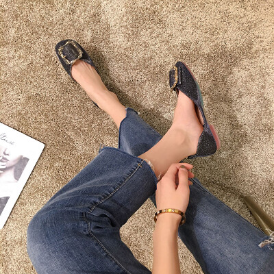 

Xiao Qingxin flat sole single shoe female summer Korean version metal buckle drill hollow grandmother shoe square head shallow lad