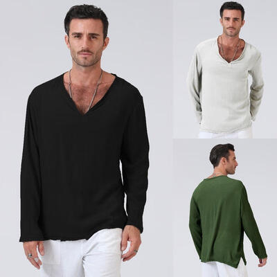 

3 Colors Fashion Men&39s Slim Fit V Neck Long Sleeve Muscle Tee T-shirt Casual Linen Flax Tops Blouse -XXXL
