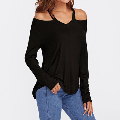 

Nomeni Women Casual Solid Plus Size Loose Long Sleeve Daily Blouse V-Neck Shirt