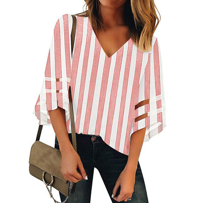 

Starmoon Womens V Neck Striped Mesh Panel Blouse 34 Bell Sleeve Casual Loose Top Shirt