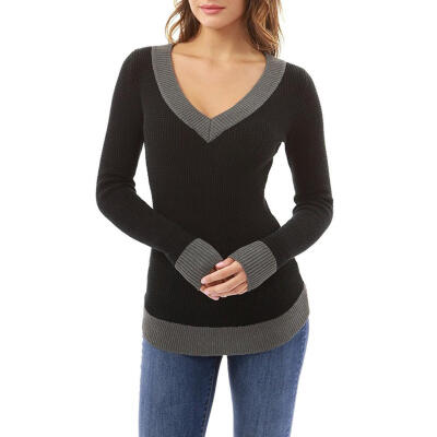 

V Neck Long Sleeve T-shirt Women Pullover Tops Knit Splicing Color Blouse