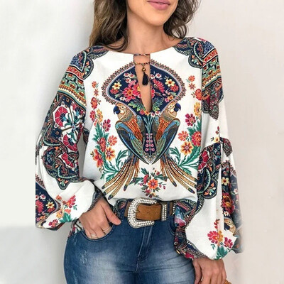 

Women Floral Print Chiffon Shirts Tops Fashion V-Neck Long Sleeve Tops Loose Tee