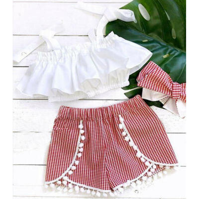 

3PCS Newborn Baby Girls Strap Tops Plaid Shorts Pants Outfits Clothes Summer