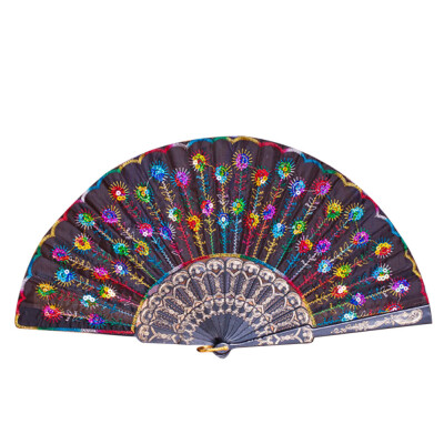 

〖Follure〗Peacock Pattern Folding Hand Held Danc Fan Embroidered Sequin Party Wedding A