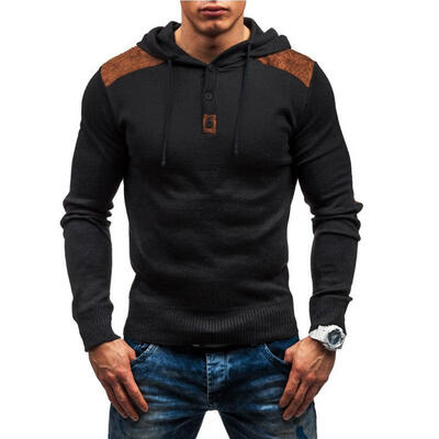 

New Pullover Mens Casual Slim Hooded Hoodies Sweaters Single Button Suede Patch Hedging Sweatshirts For Men