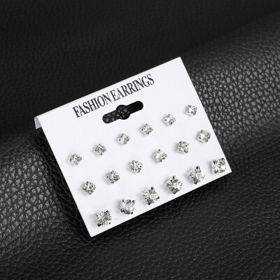 

2019 New Fashion 12 pair set Women Square Crystal Heart Stud Earrings for Women Piercing Simulated Pearl Flower Earrings