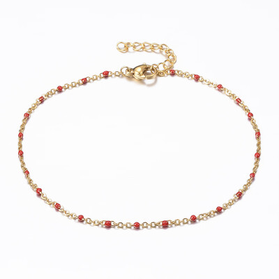 

304 Stainless Steel Cable Chain Anklets with Enamel Links Golden Red 9"230mm 15mm