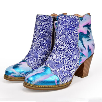 

Cowgirl Cowhide Leather Handmade High Block Heels Ankle Boots Women Martin Boots