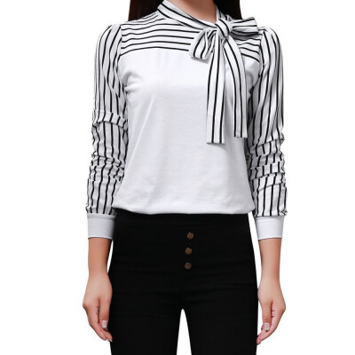 

Roseonmyhand Women Tie-Bow Neck Striped Long Sleeve Splicing Shirt Blouse