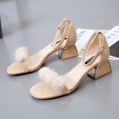 

Sandals Girl Summer Rough heel with open toes Sweet Lady Medium heel fairy hair ball naked high heels