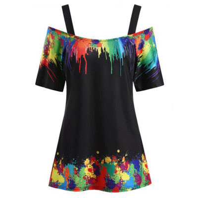 

Roseonmyhand Women Plus Size Tie Dye Cold Shoulder Blouse Sling Casual T-Shirt Multicolor Top