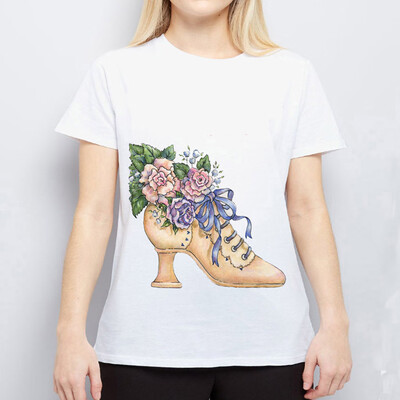 

Starmoon Women Personality High Heel Cartoon Print Round Neck Short Sleeved White T-shirt
