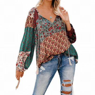 

Printed Shirt Womens Womens Round Neck Long Sleeve Loose Retro Top