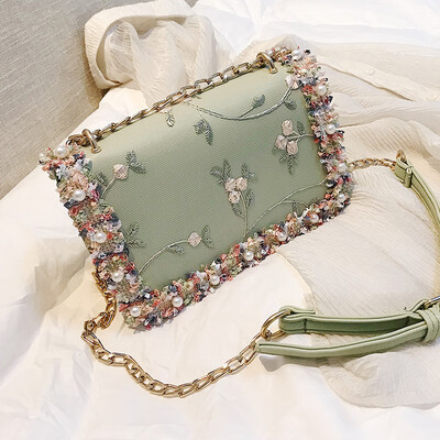 

2018 New Handbag Lace Flowers Women Bag High Quality PU Leather Sweet Girl Square Bag Flower Pearl Chain Shoulder Messenger Bag
