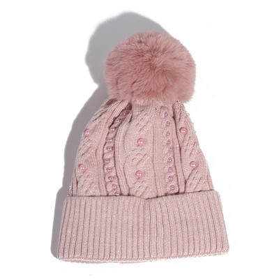 

Hats ladies autumn&winter Korean version pearl wool cap thickened&fluffy ball hood outdoor warm knit cap tide