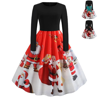 

L8074 cross-border foreign trade womens autumn&winter round neck long-sleeved black spell Christmas old man print big swing d