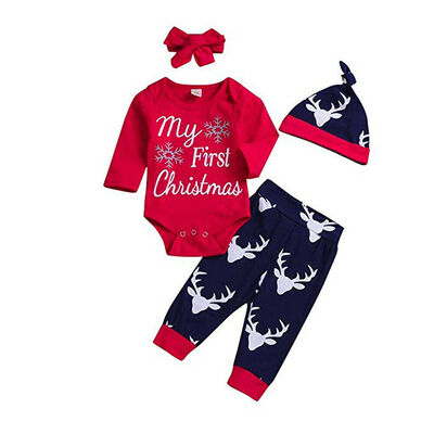 

4PCS Newborn Baby Boy Girl Xmas Outfit Clothes Romper BodysuitPants Leggings