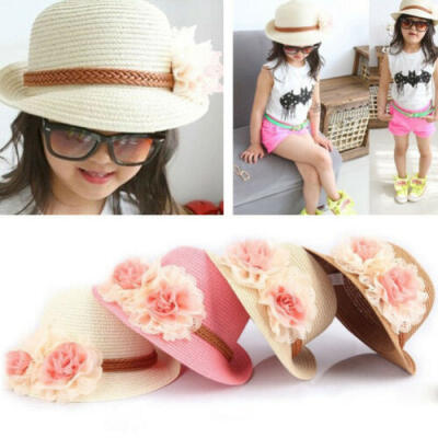 

US Stock Baby Girl Wide Brim Trilby Straw Cap Sun Hat Beach Summer Floral Sunhat