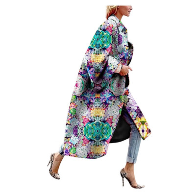 

Toponeto Women Fashion Casual Retro Print Long Sleeve Long Coat Casual Outerwear