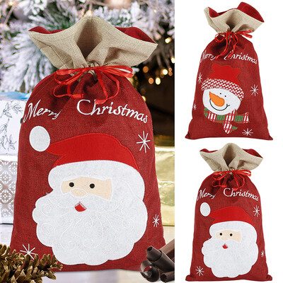 

Christmas Gift Bag Holder Linen Cartoon Santa Claus Snowman Printed Drawstring Candies Carrier Bag Christmas Decot Accessories