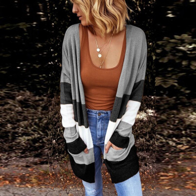 

Roseonmyhand Women Ladies Fashion Color Block Cardigan Long Sleeve Jumper Sweater Cardigans