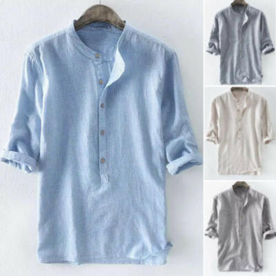 

US Mens Striped 34 Sleeve Shirt Summer Cool Loose Casual Button Shirts Tops