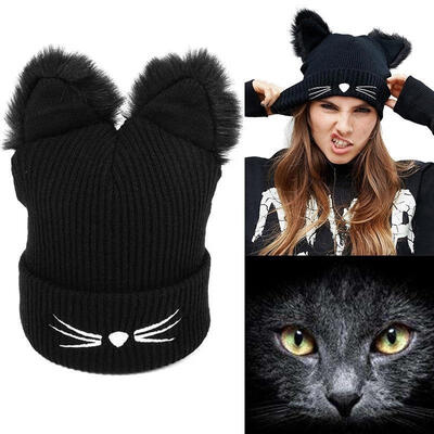 

Hot Women Winter Beanie Devil Horns Cat Ear Crochet Braided Knit Ski Fur Cap Hat