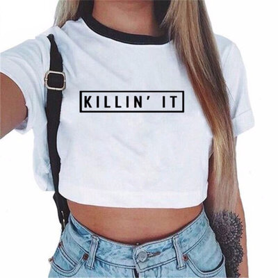 

Summer Women Cotton Short Sleeve O-Neck Cotton Printing Half Waist T-Shirt Womens Tee Tops