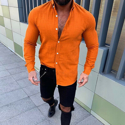 

Fashion Mens Summer Linen Slim Fit Long Sleeve Solid Color Tops Breathable Soft Casual Shirts