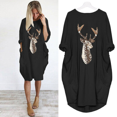 

Gobestart Womens Plus Size Loose Tops Dress Ladies O Neck Long Pocket Christmas Dress