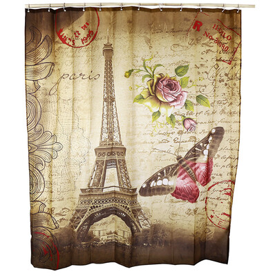 

180 x 200cm Retro Butterfly Eiffel Tower Pattern Water Resistant Bathroom Shower Curtain