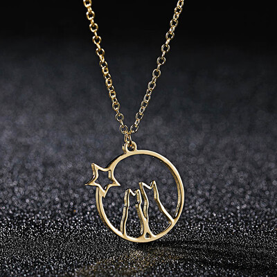 

Alloy Simple Double Cat Necklaces Pendants for Women Hollow Love Heart Chain Jewelry Fashion Round Charm Necklace Gold Collier