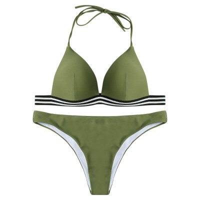 

Halter Neck Backless Padded Stripe Low Waist Women Bikini Set