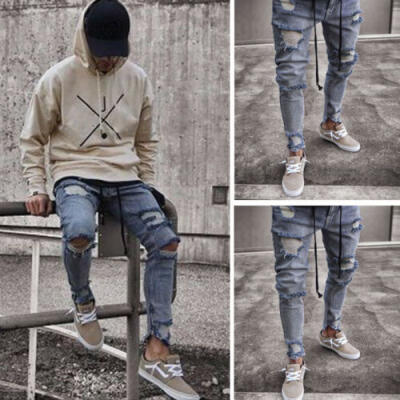 

UK 2019 New Fashion Men Ripped Denim Jeans Pants Skinny Fit Denim Long Pants