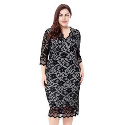 

Sexy V Neck 34 Sleeve See-through Lace Plus Size Women Dress