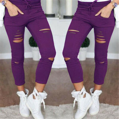 

Women Skinny Faded Ripped Holes Denim Jeans Nith Pants High Waist Stretch Slim Fit Pencil Trousers Leggings
