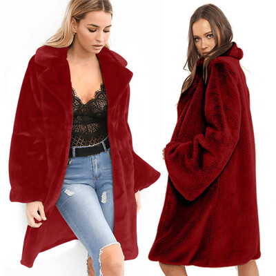 

Roseonmyhand Fashion Women Solid Medium Long Windbreaker Turn-Down Collar Warm Plush Coat