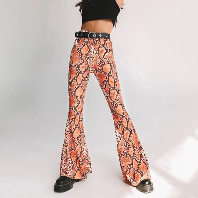 

Sexy Women Flared Pants Snake Skin Print High Waist Bell Bottom Wide Leg Pants Trousers PinkOrange